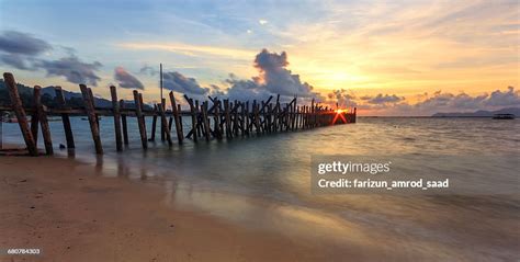 Wooden Jetty Black Sand Beach Langkawi Malaysia High Res Stock Photo
