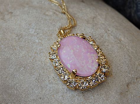 Pink Opal Necklace Bridal Pink Big Necklace Large Oval Etsy UK