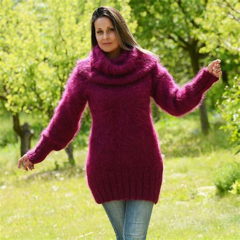 Extravagantza Hand Knitted Mohair Sweater Fuzzy Red Dress Cowlneck