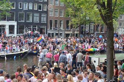 amsterdam netherlands august 06 2022 many people in boats at lgbt pride parade editorial