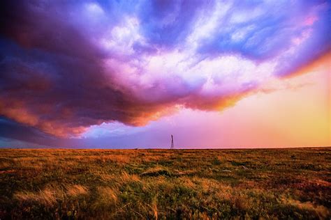 Lonesome Prairie Storm Clouds Over Windmill In Oklahoma Photograph By