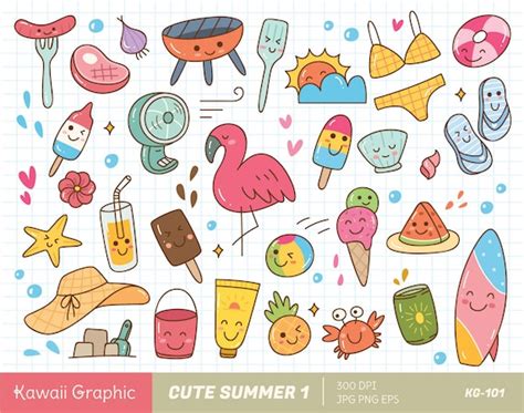 Cute Summer Clipart Kawaii Clipart Cute Vector Doodle Etsy