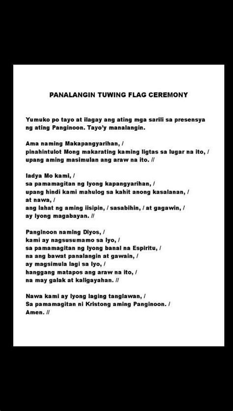Dasal Para Sa Flag Ceremony Please Yung Maayos Brainlyph