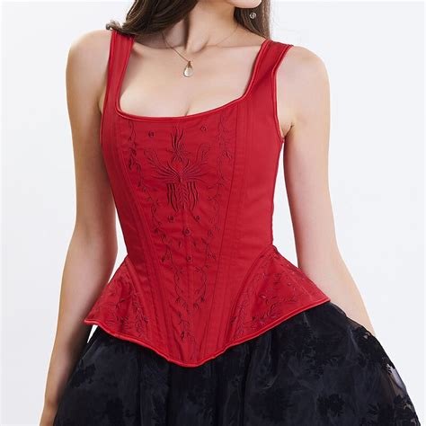 Red Floral Embroidery Strap Sexy Corsets And Bustiers Overbust Corset Victorian Burlesque