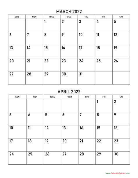 March And April 2022 Calendar Calendar Quickly