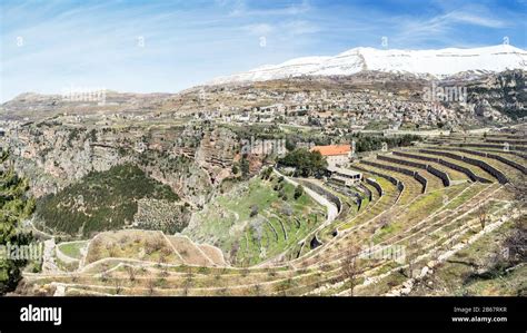 The New Saint Elisha Monastery And Bsharri Village Lebanon Stock Photo