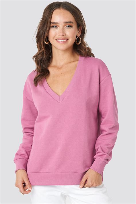 V Neck Basic Sweater Pink Na