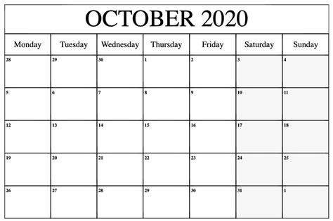 October 2020 Calendar Pdf Word Excel Template