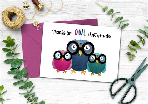 Teacher Thank You Card Printable Teacher Appreciation Card Cute Owl