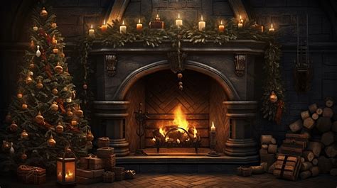 Beautiful Christmas Background With Burning Candles And Fireplace
