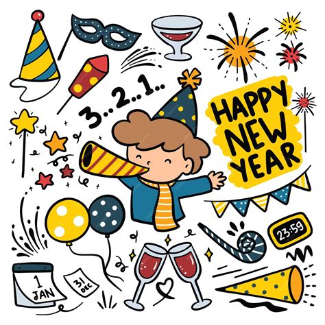 Fiesta De Año Nuevo De Dibujos Animados Ilustración Dibujada A Mano