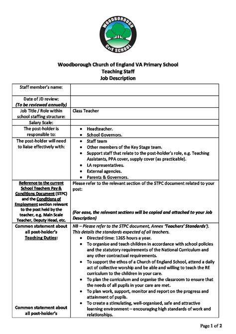 Class Teacher Job Description Wps Woodborough Primary School