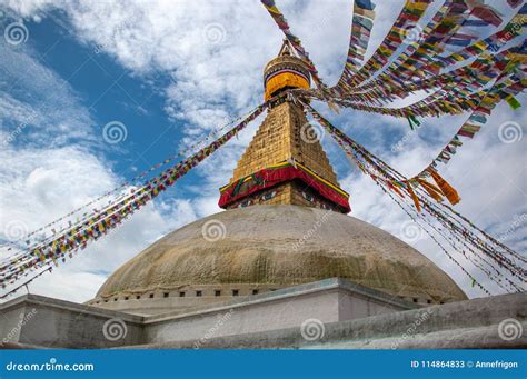 Looking Up To Boudha Stupa And Prayer Flags Kathmandu Nepal Editorial