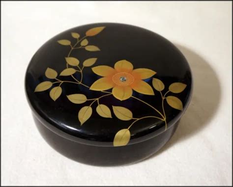 Vintage Japanese Lacquereed Maki E Black Lacquerware Round Lidded Box 7