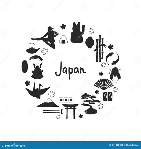 Vector Set Of Hand Drawn Traditional Japanese Symbols Silhouettes Stock