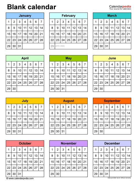 Full Year Calendar Designed For Printing On One Page