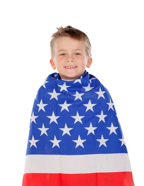 Blond Child Wrapped On American Flag Stock Photo Image Of Beautiful