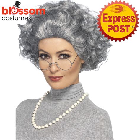 W541 Granny Old Lady Grandma Costume Grey Hair Wig Grandmother Pearls