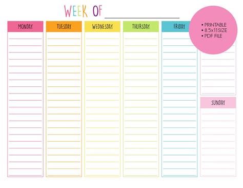 Printable Weekly Calendar 11x85 Instant Download Etsy Weekly