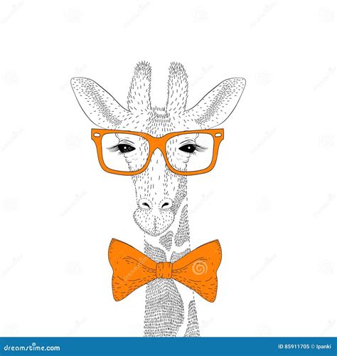 Vector Cute Giraffe Face With Glasses Bow Tie Fashion Hand Drawn