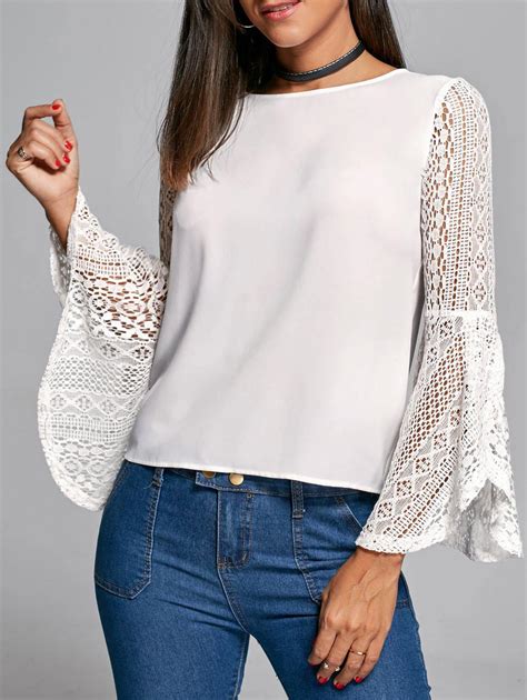 2018 Flare Sleeve Lace Trim Blouse In White L