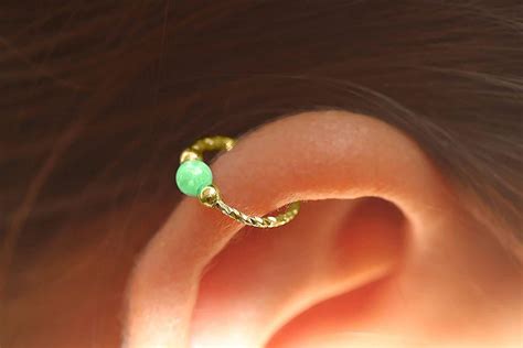Cartilage Hoop Earring 20g Gold Filled Helix Piercing Earring Green Opal Cartilage Earring