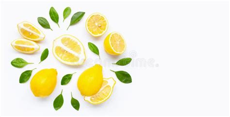 Fresh Lemon And Slices With Leaves Isolated On White Stock Photo