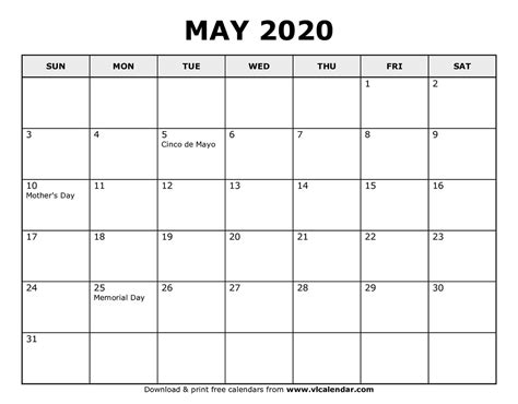 Now you have holiday calendar 2020 templates available for many countries. Printable May 2020 Calendars