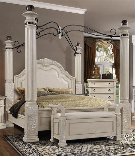 Buy Mcferran B6006 King Canopy Bedroom Set 2 Pcs In Antique White Faux