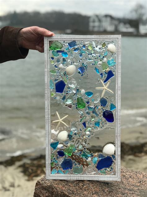 Mosaic Coastal Window 21 X 11 Mixed Media Sea Glass Mosaic Glass Art Glass Window Art Sea