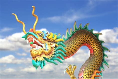 China Dragon Statue Flying In The Sky Background Stock Image Image Of