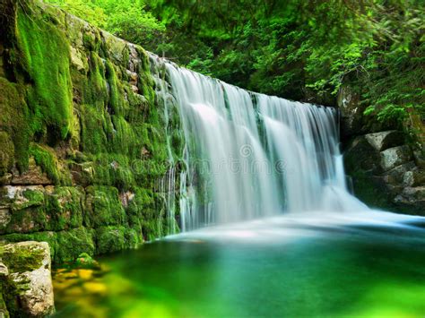 Lake Emerald Waterfalls Forest Landscape Stock Photo
