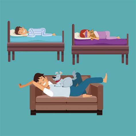 Premium Vector Colorful Set Scene Man Sleep In Sofa And Children In