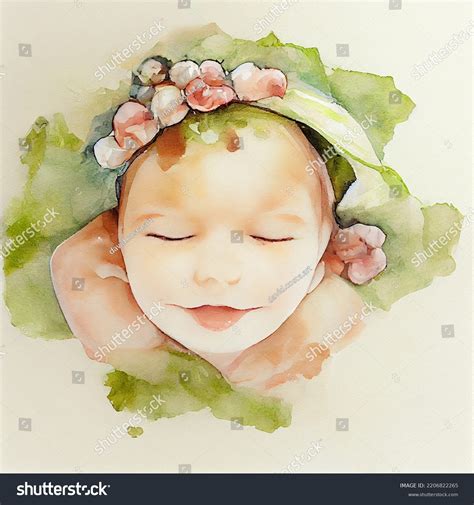 Sleeping Baby Flowers Watercolor Adorable Newborn Stock Illustration