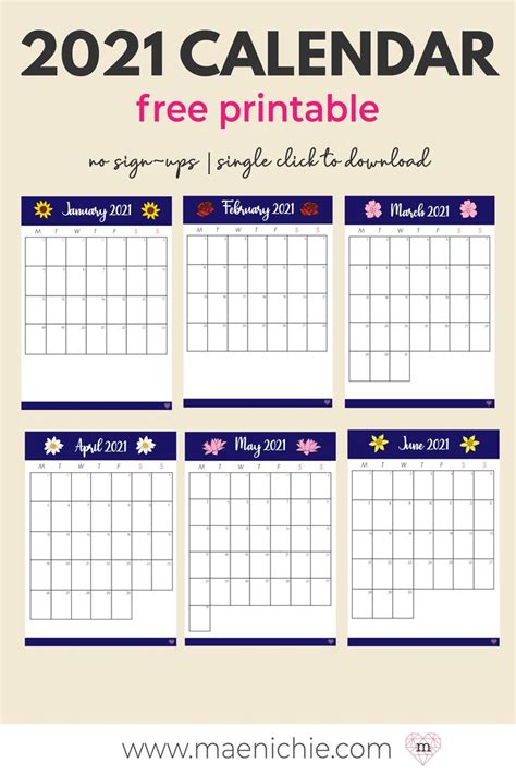Print each month separately and combine them on the wall into a quarterly planner, 3 month calendar or even a year Free Printable 2021 Calendar - Simple Flower (A4 Portrait ...