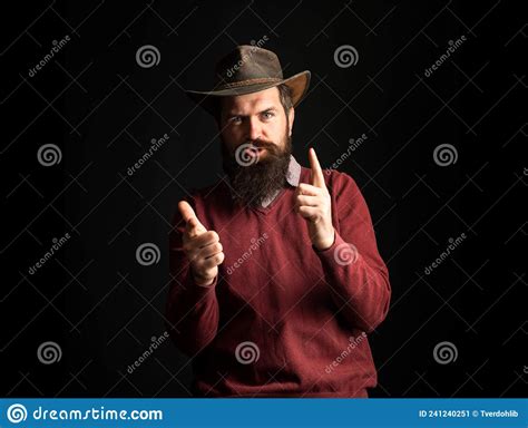Bearded Cowboy Man In Cowboy Hat Wild West Guns Finger Revolver