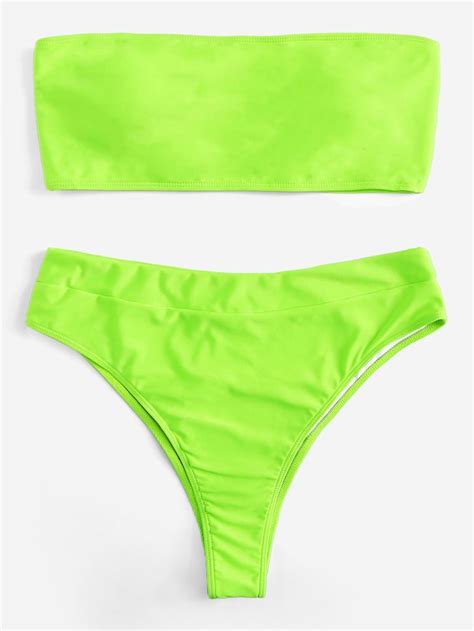 Shein Plus Neon Lime Bandeau With High Leg Bikini Kylie Jenners Neon