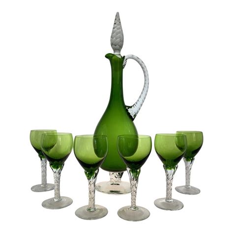Vintage Green Glass Decanter Set With Glasses 7 Pieces Chairish