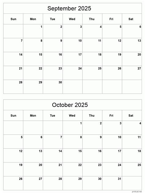 September To October 2025 Printable Calendar Two Months Per Page