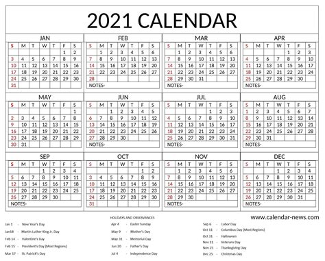 Year 2021 Calendar With Holidays Usa Uk Canada Australia