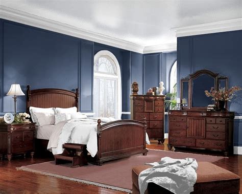 See more ideas about wall color, cherry furniture, home decor. Navy bedroom | Brown furniture, Bedroom decor, Home