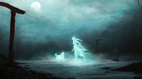 Wallpaper Ghosts Women Dog Night Mist Digital Art Moon