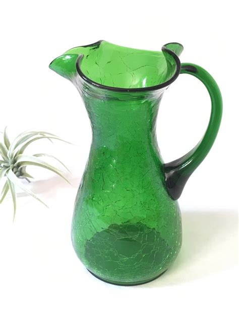 vintage green crackle glass pitcher flared top w handle etsy