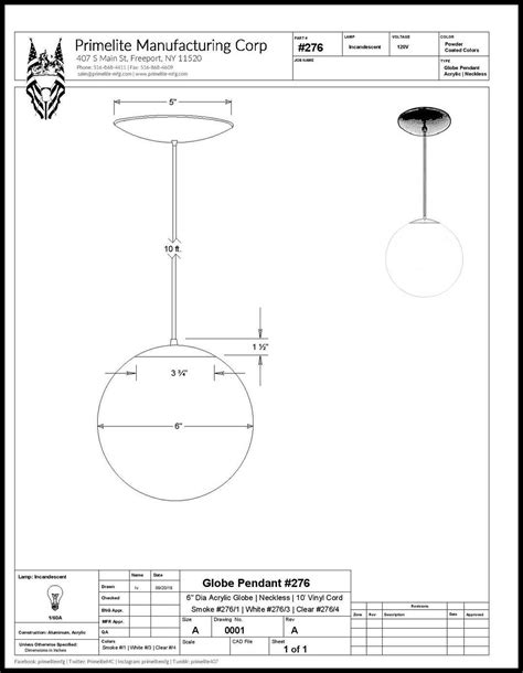 Neckless Acrylic Globe Pendant Primelite Manufacturing