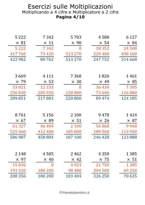 Moltiplicazioni In Colonna Esercizi Per La Scuola Primaria