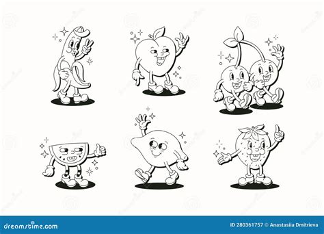 Retro Cartoon Character Fruit Set Vector Funny Illustration With Banana Cherry Lemon