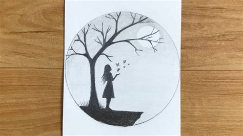 Boy standing under tree at sunset. How to draw a girl under a tree in moonlight for beginners ...