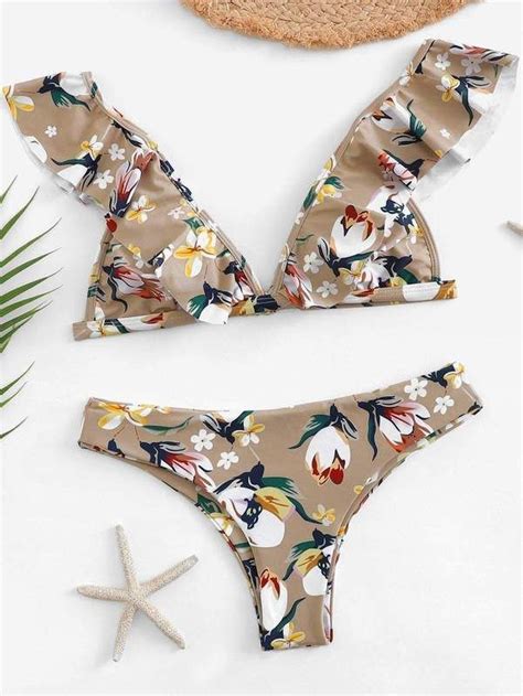 Ruffle V Neck Top With Flower Print Bikini Set Floral Bikini Set