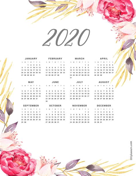Free Printable Year At A Glance Calendar 2020 Calendar Templates