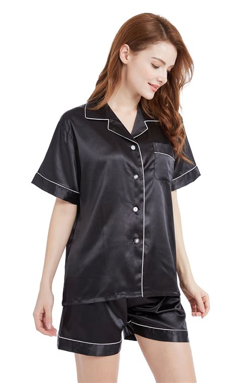 Womens Silk Satin Pajama Set Short Sleeve Black With White Piping Tony And Candice